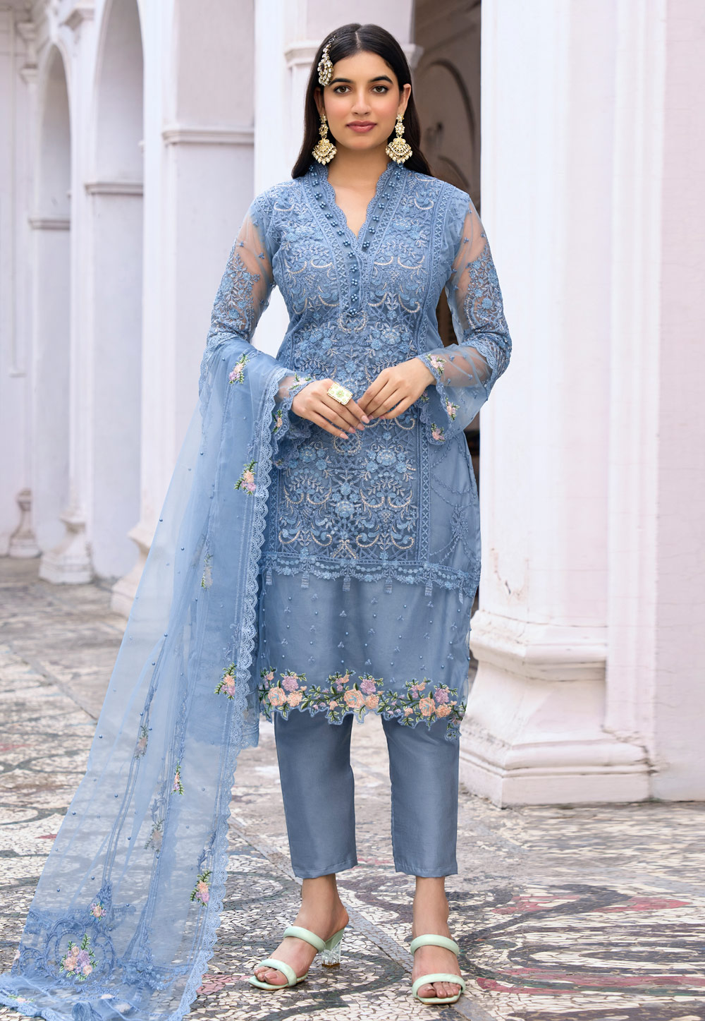 Sky Blue Net Embroidered Pakistani Suit 258107