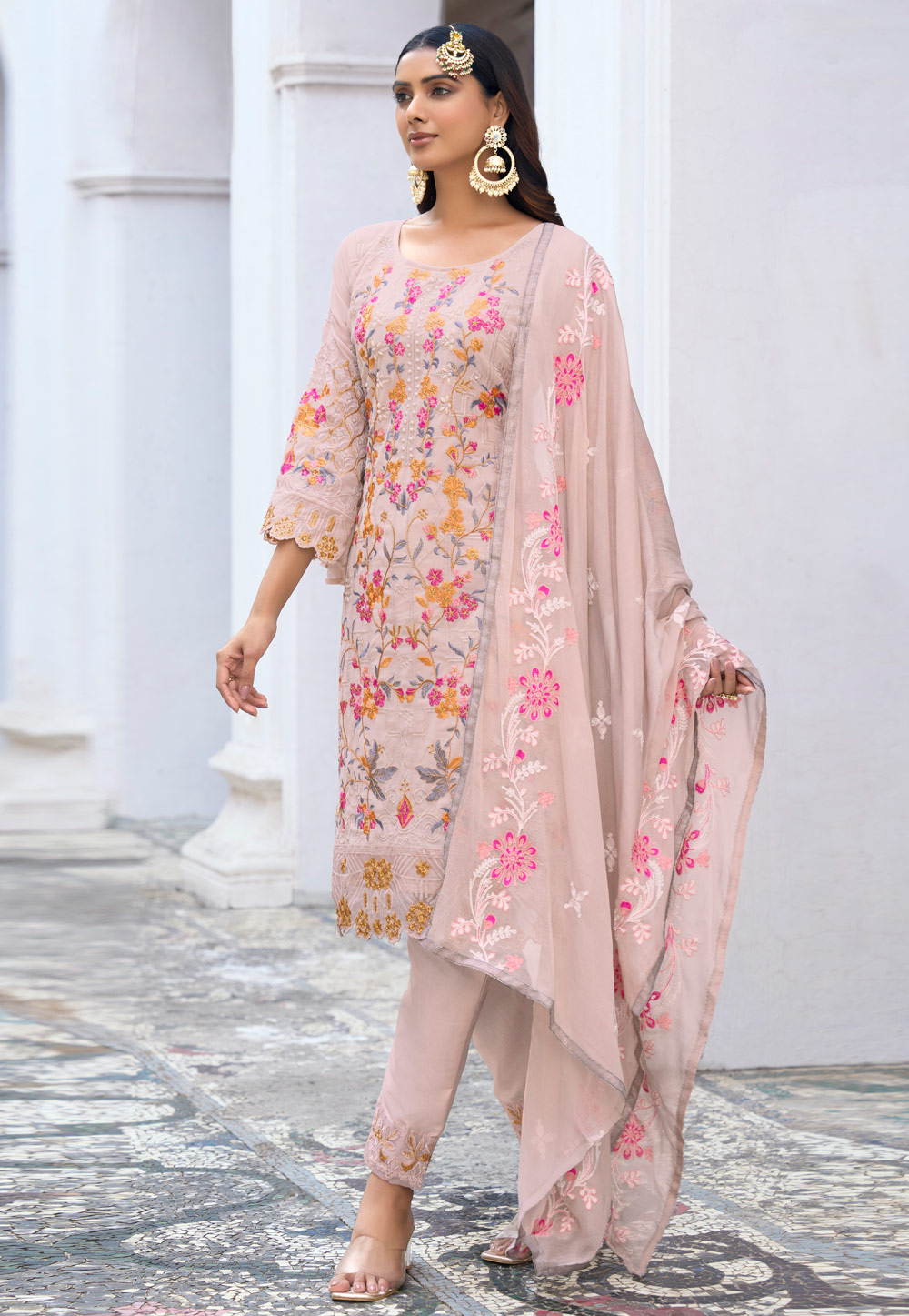 Pink Faux Georgette Embroidered Pant Style Suit 258108