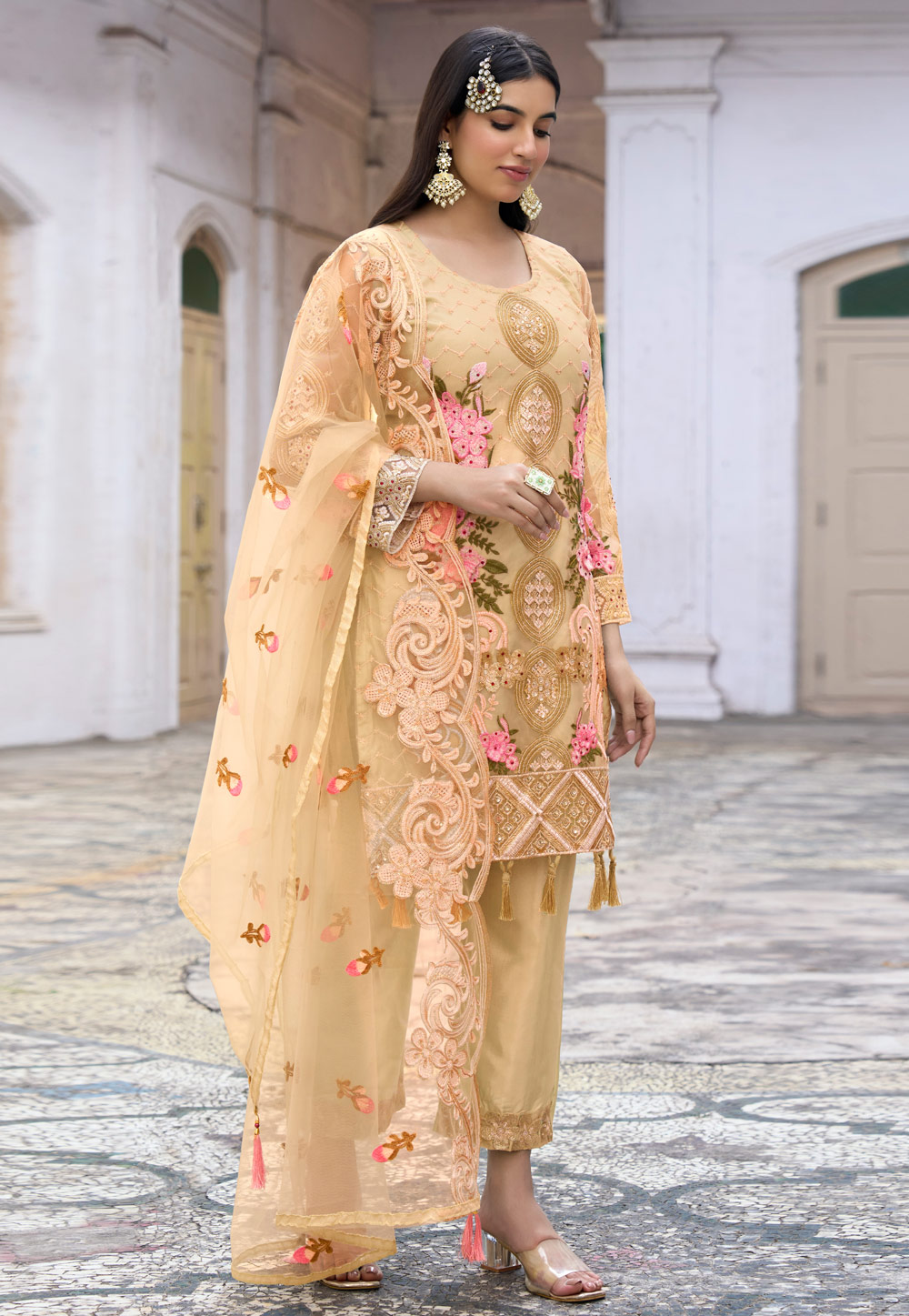 Beige Net Embroidered Pakistani Suit 258109