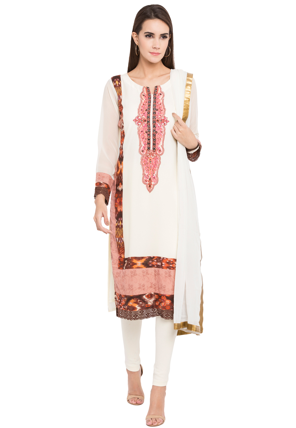 Off White Georgette Readymade Churidar Suit 238576