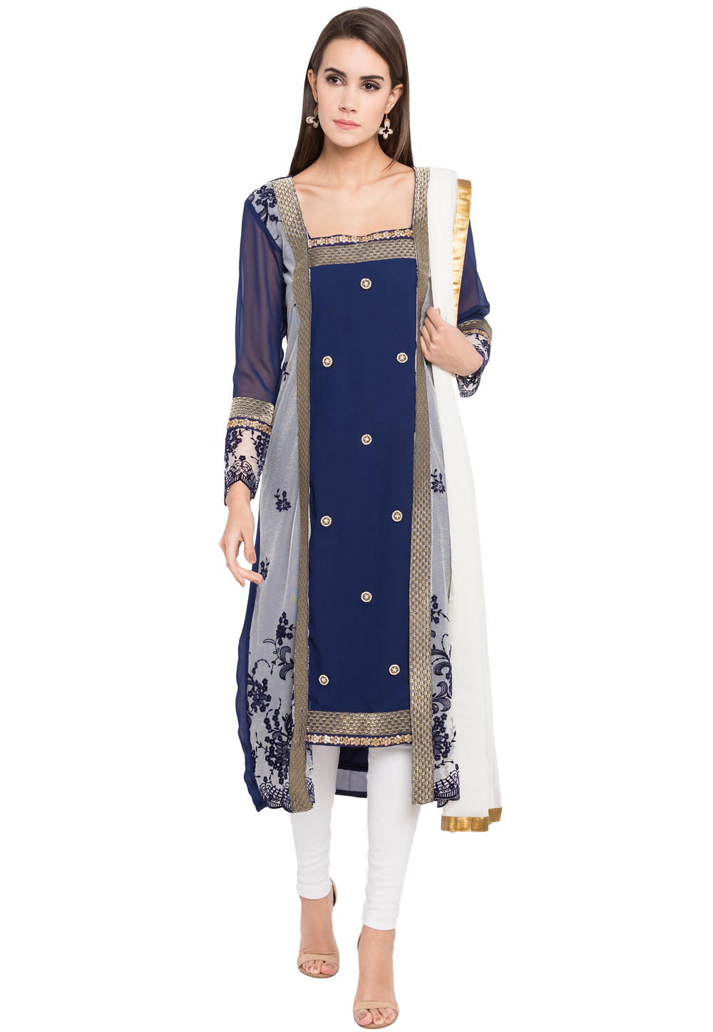 Navy Blue Georgette Readymade Churidar Suit 238577