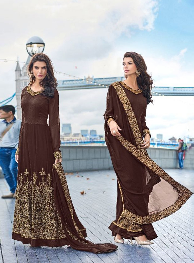 Brown Silk Long Anarkali Suit 89533