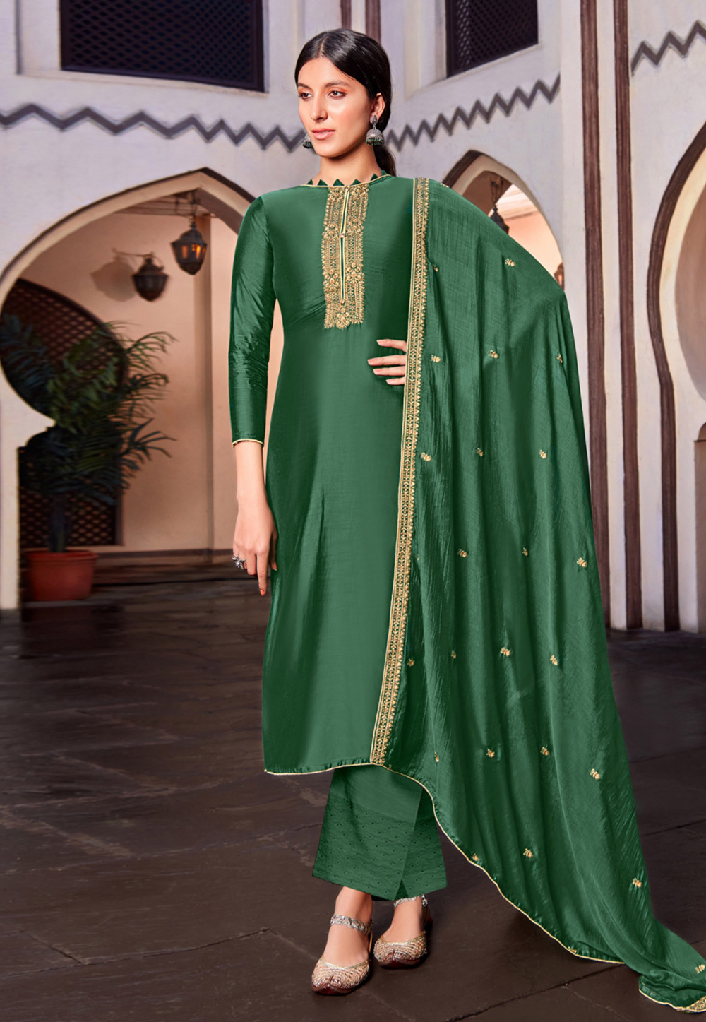 Green Cotton Silk Palazzo Suit 226214