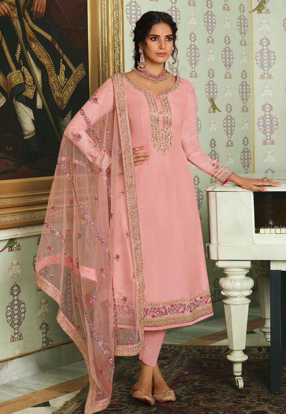 Pink Tussar Silk Pant Style Suit 210350