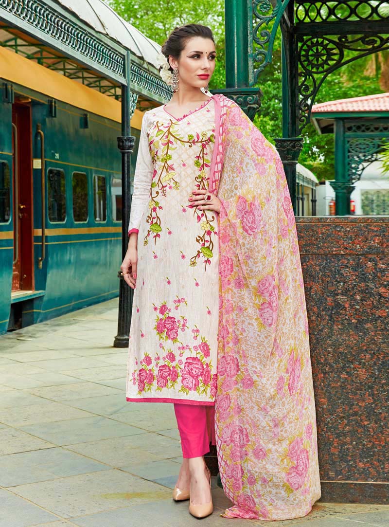 Off White Cambric Cotton Pakistani Style Suit 90644