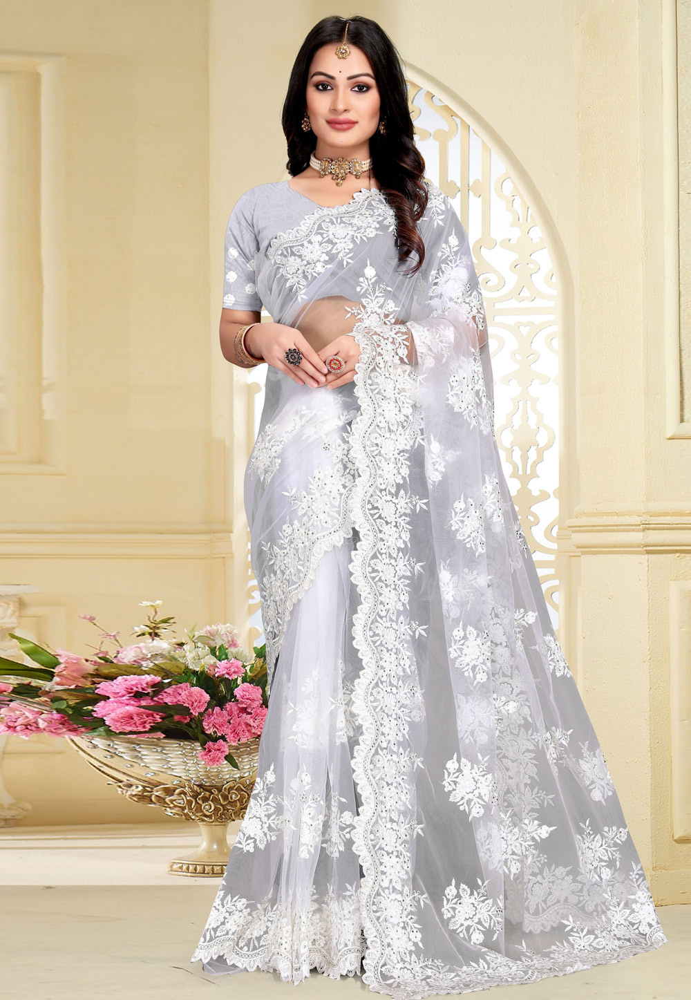 White Net Saree With Blouse 261430