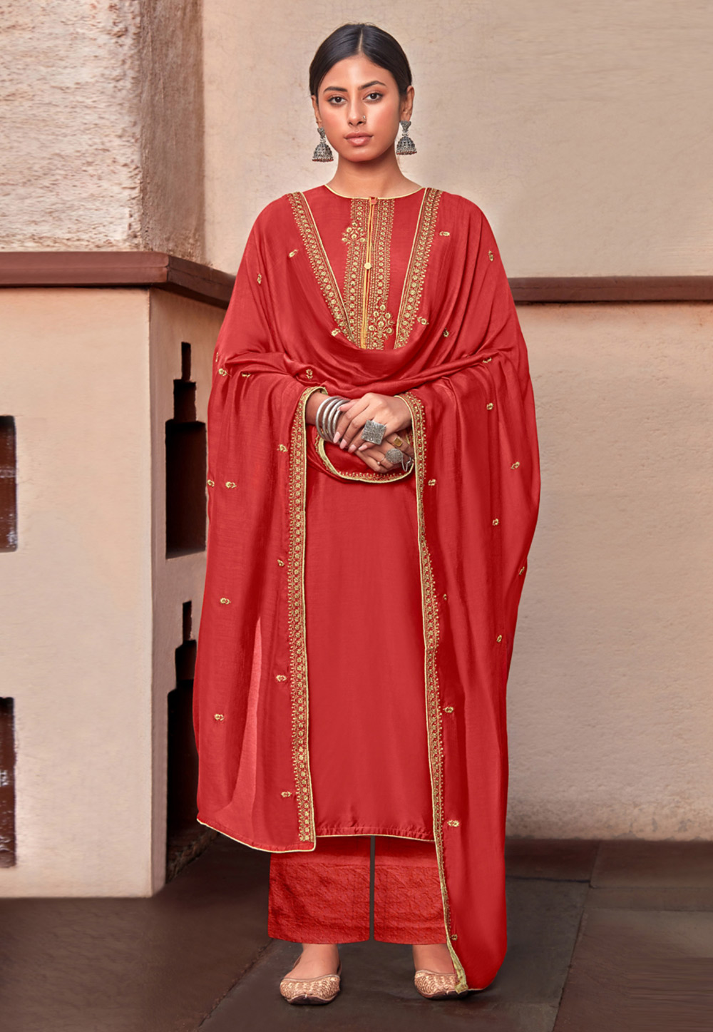 Red Cotton Silk Kameez With Palazzo 226215