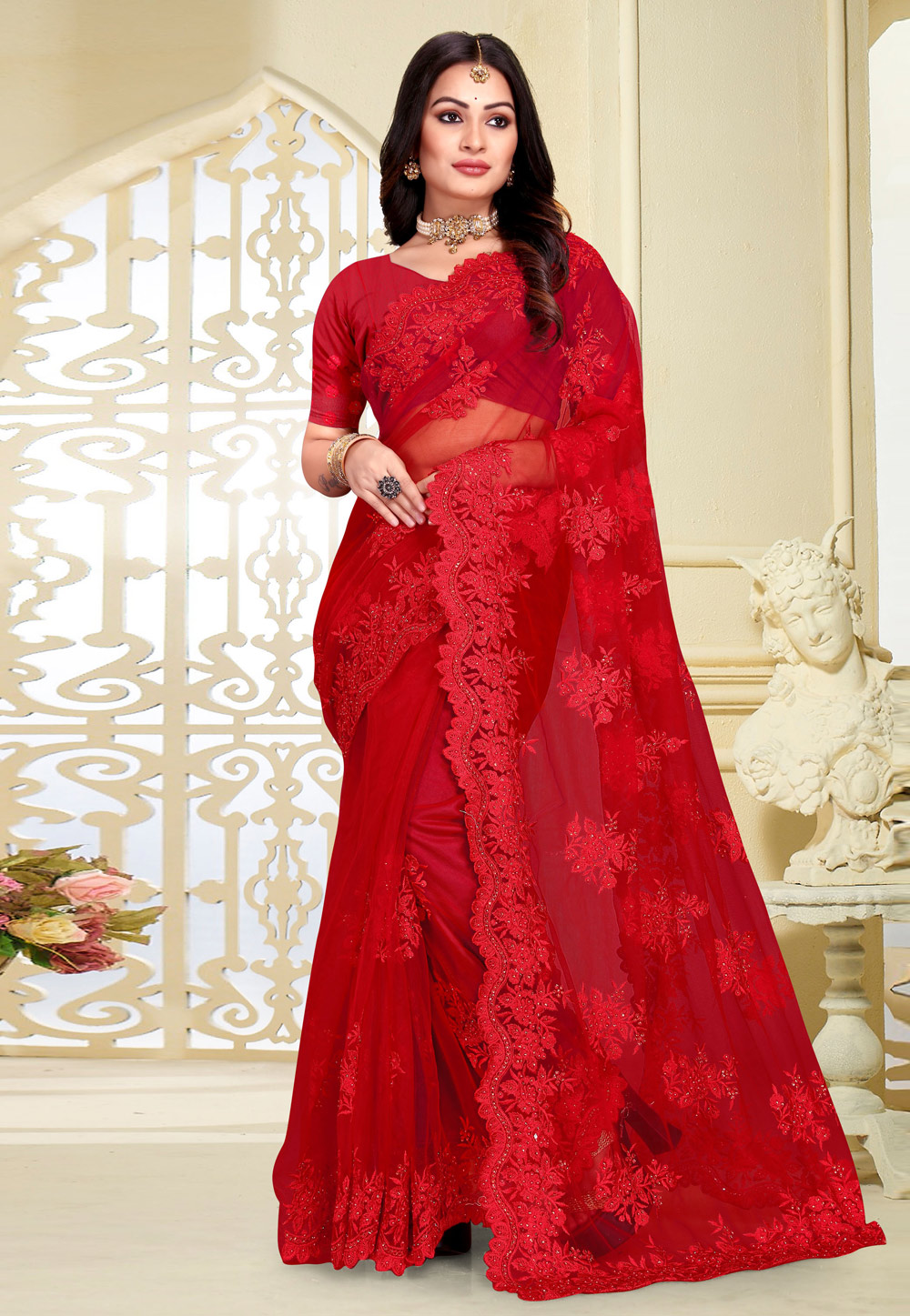 Red Net Saree With Blouse 261431