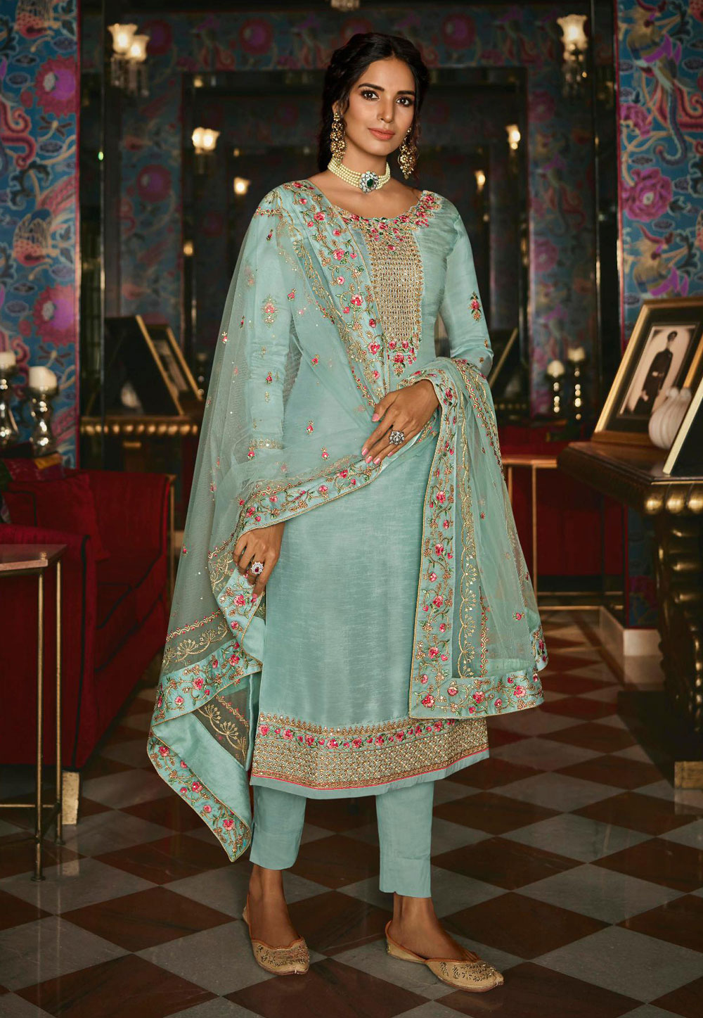 Sky Blue Tussar Silk Pant Style Suit 210352