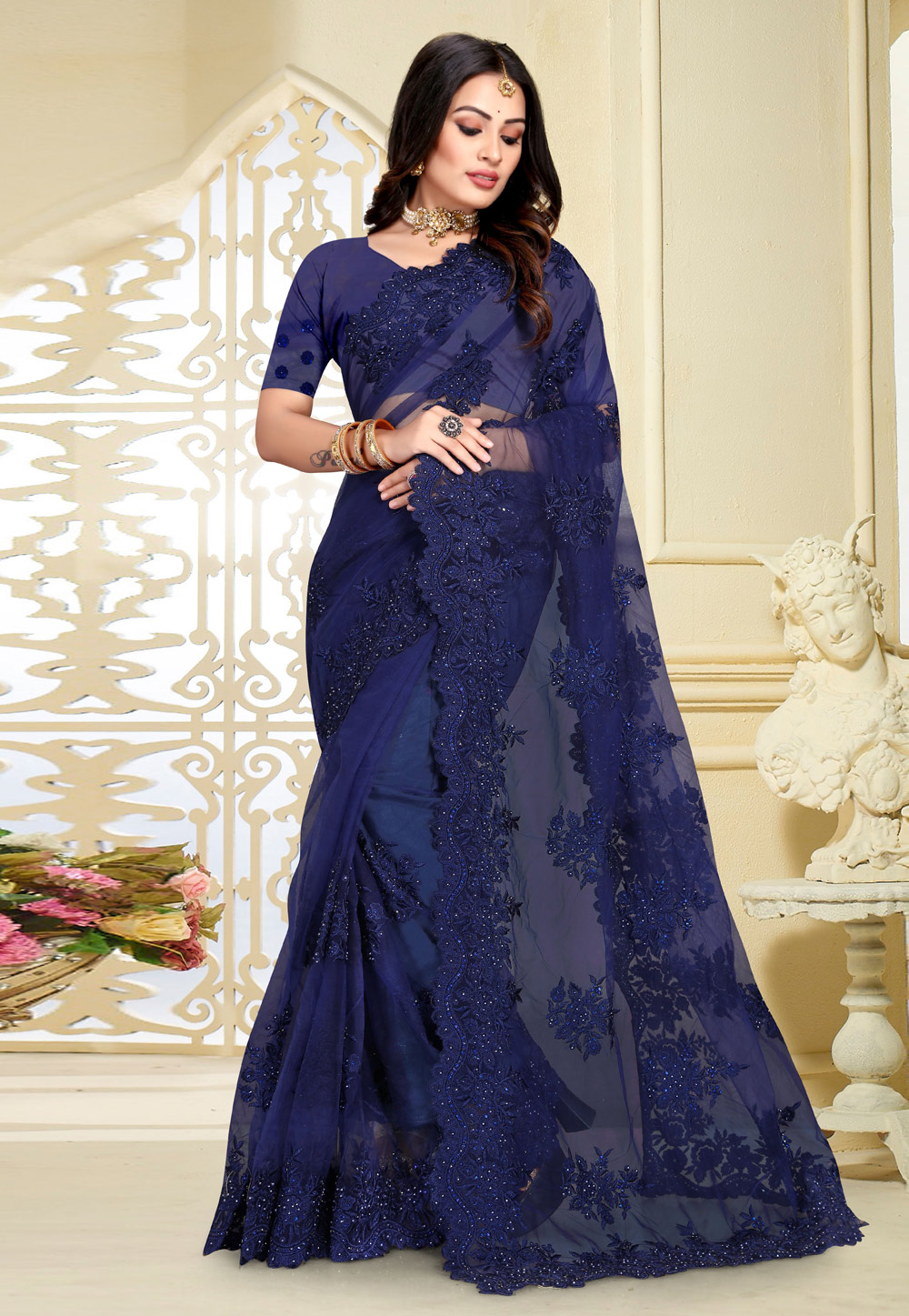 Navy Blue Net Saree With Blouse 261432