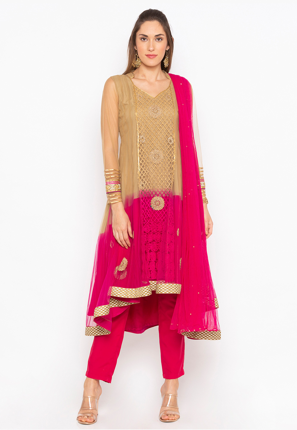 Beige Net Readymade Kameez With Pant 223439
