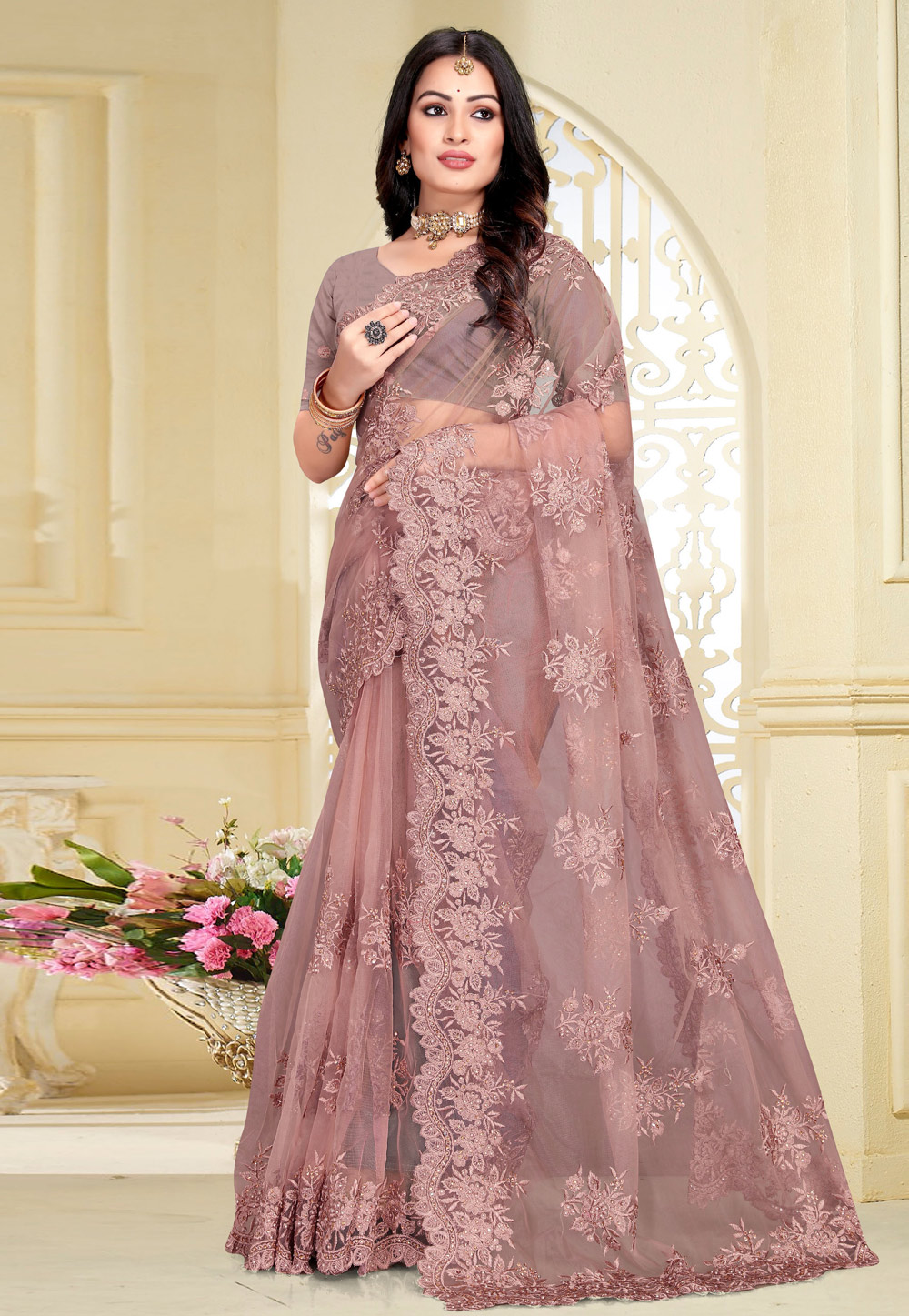 Pink Net Saree With Blouse 261433