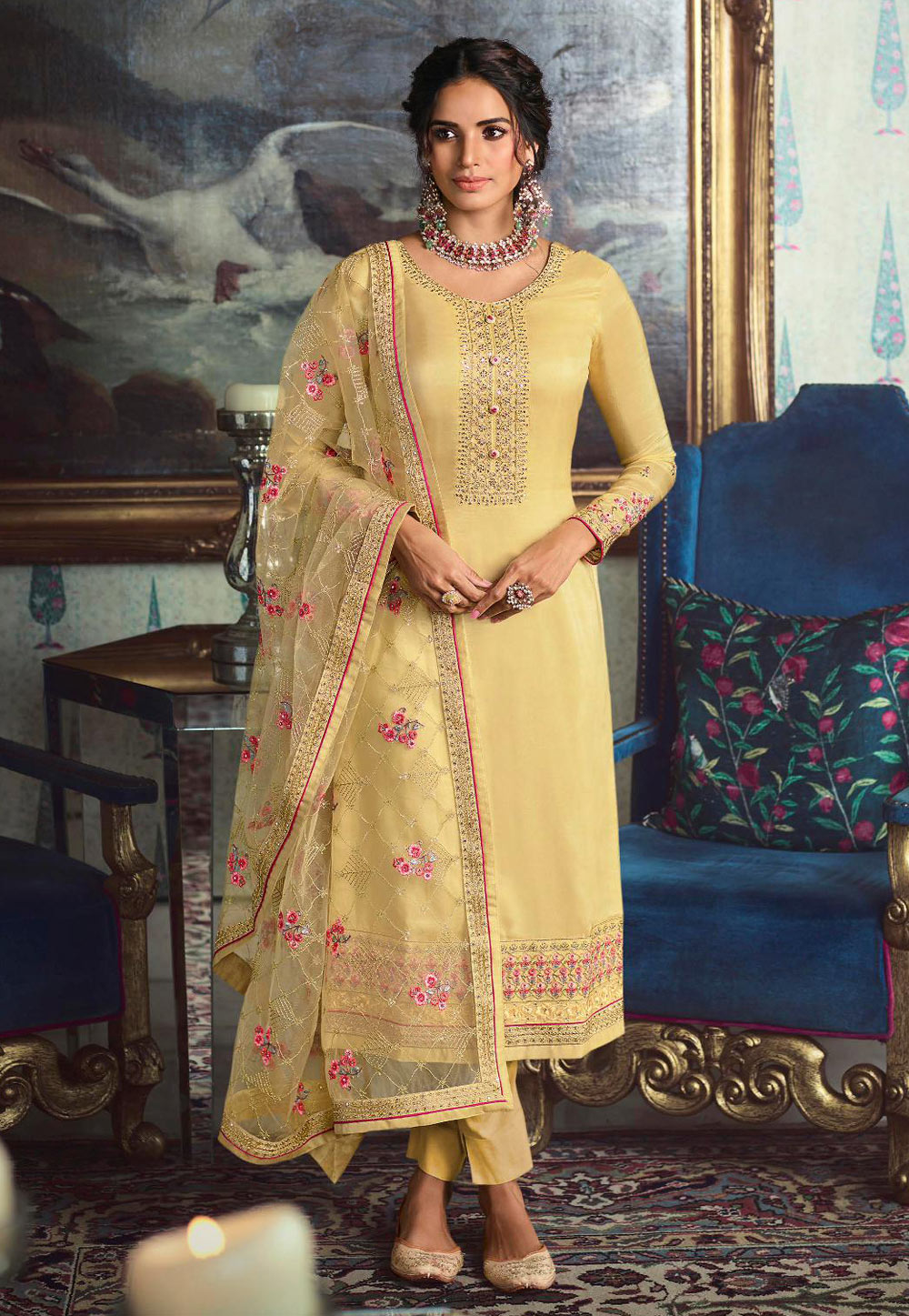 Yellow Tussar Silk Pant Style Suit 210354