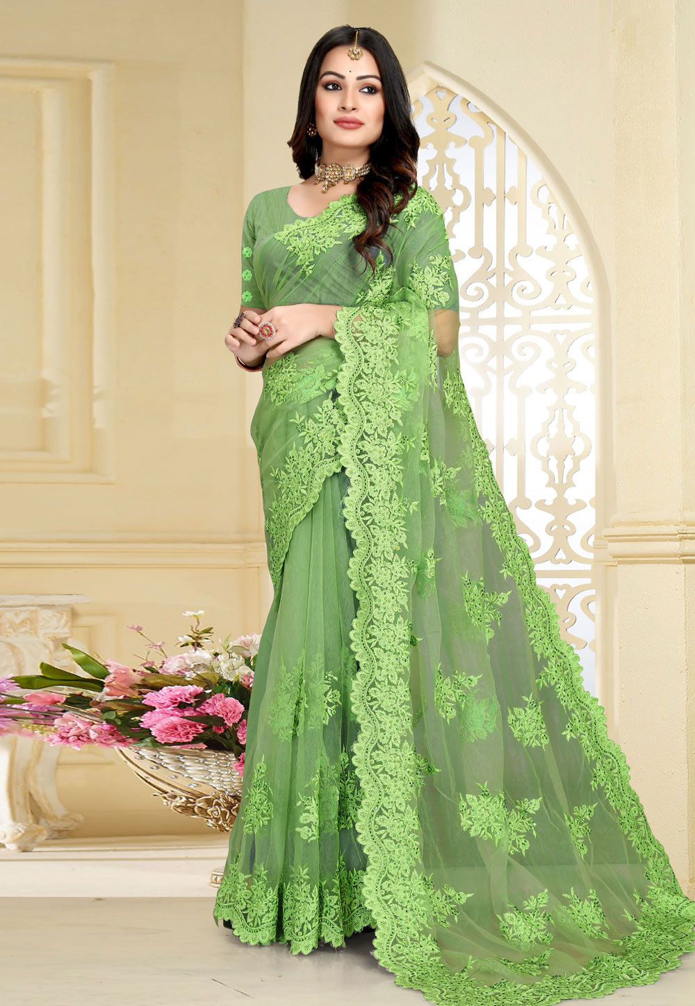 Light Green Net Saree With Blouse 261434