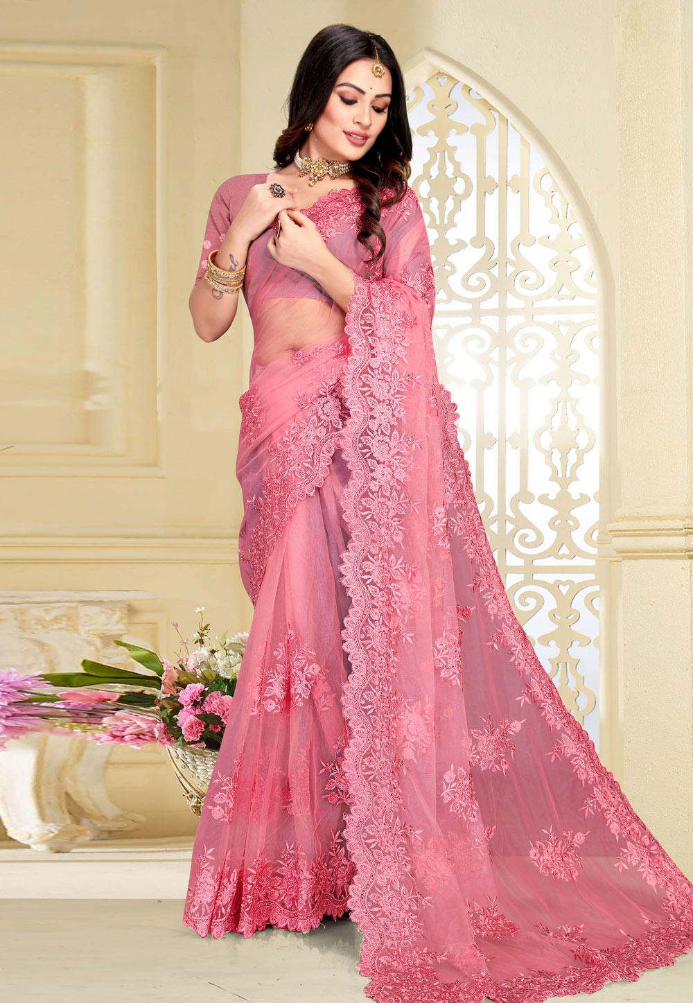 Pink Net Saree With Blouse 261435