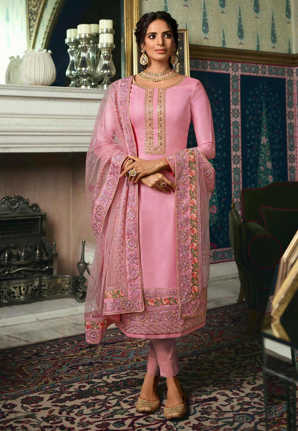 Pink Tussar Silk Pant Style Suit 210356