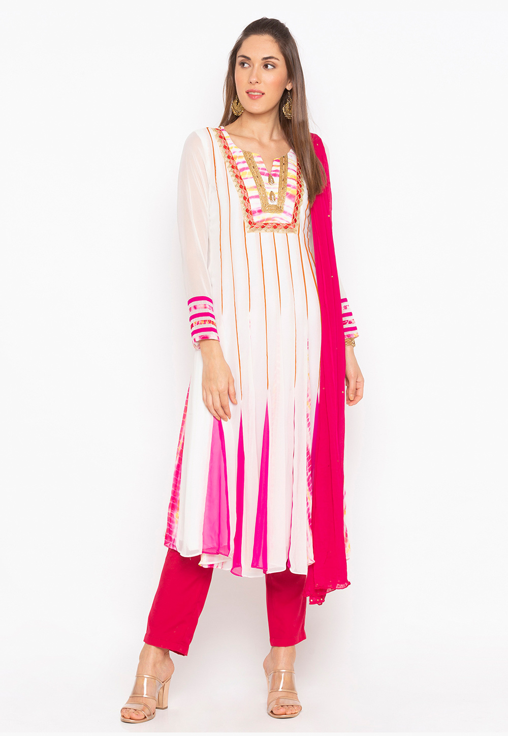 Off White Georgette Readymade Pant Style Suit 223443