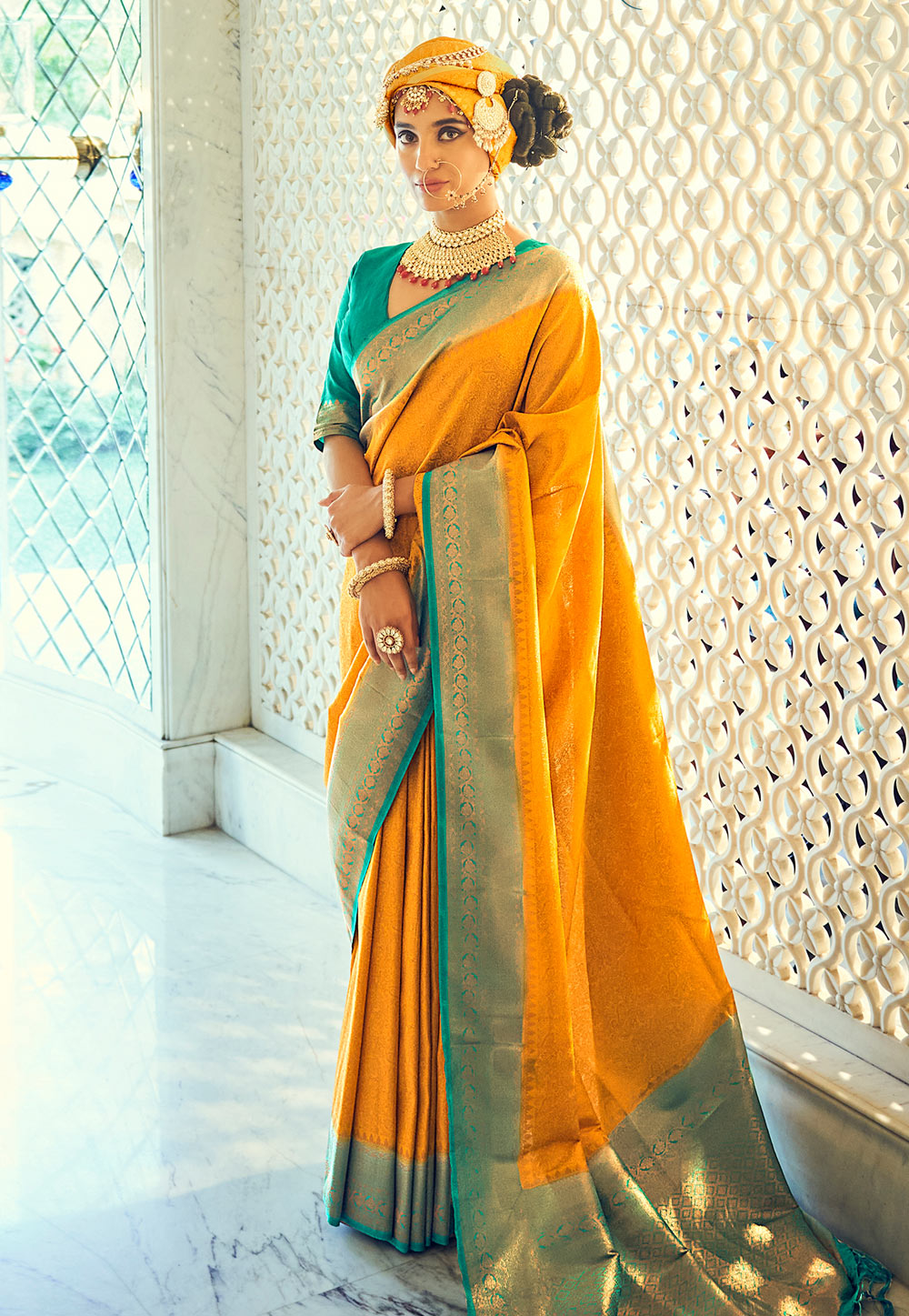 YELLOW GREEN VEL TRADITIONAL KANCHI SOFT SILK SARI WITH ATTACHED BLOUS