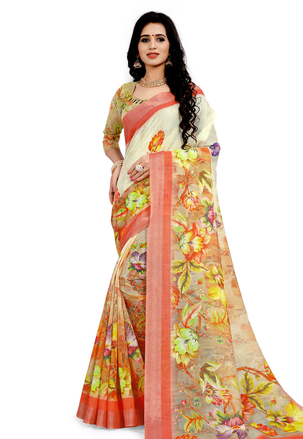 Beige Linen Printed Saree With Blouse 196313