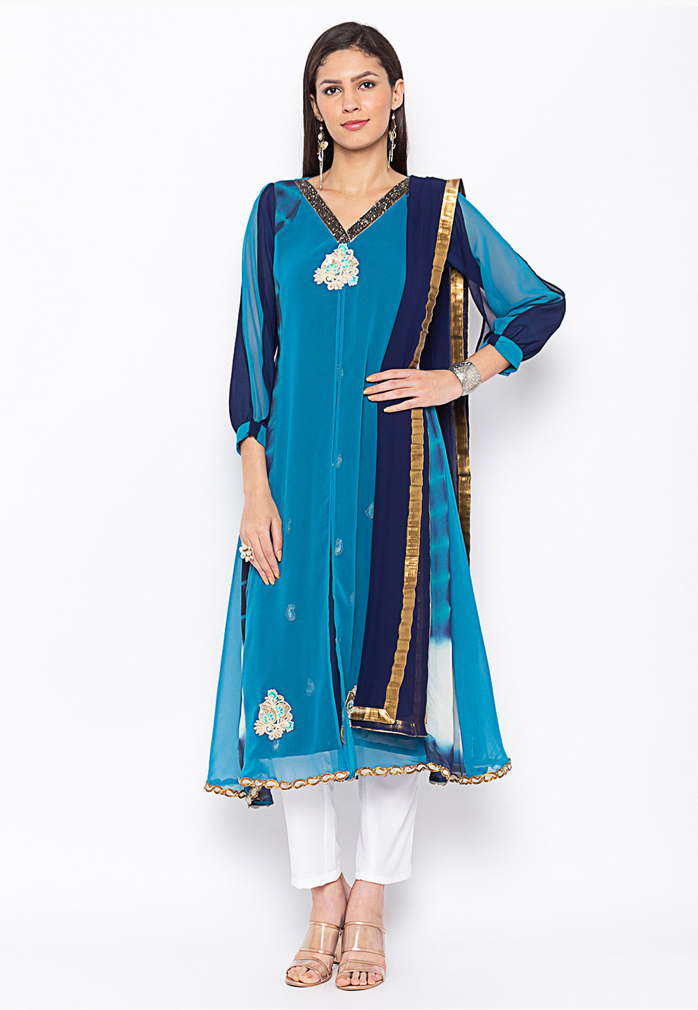Blue Georgette Readymade Kameez With Pant 223445