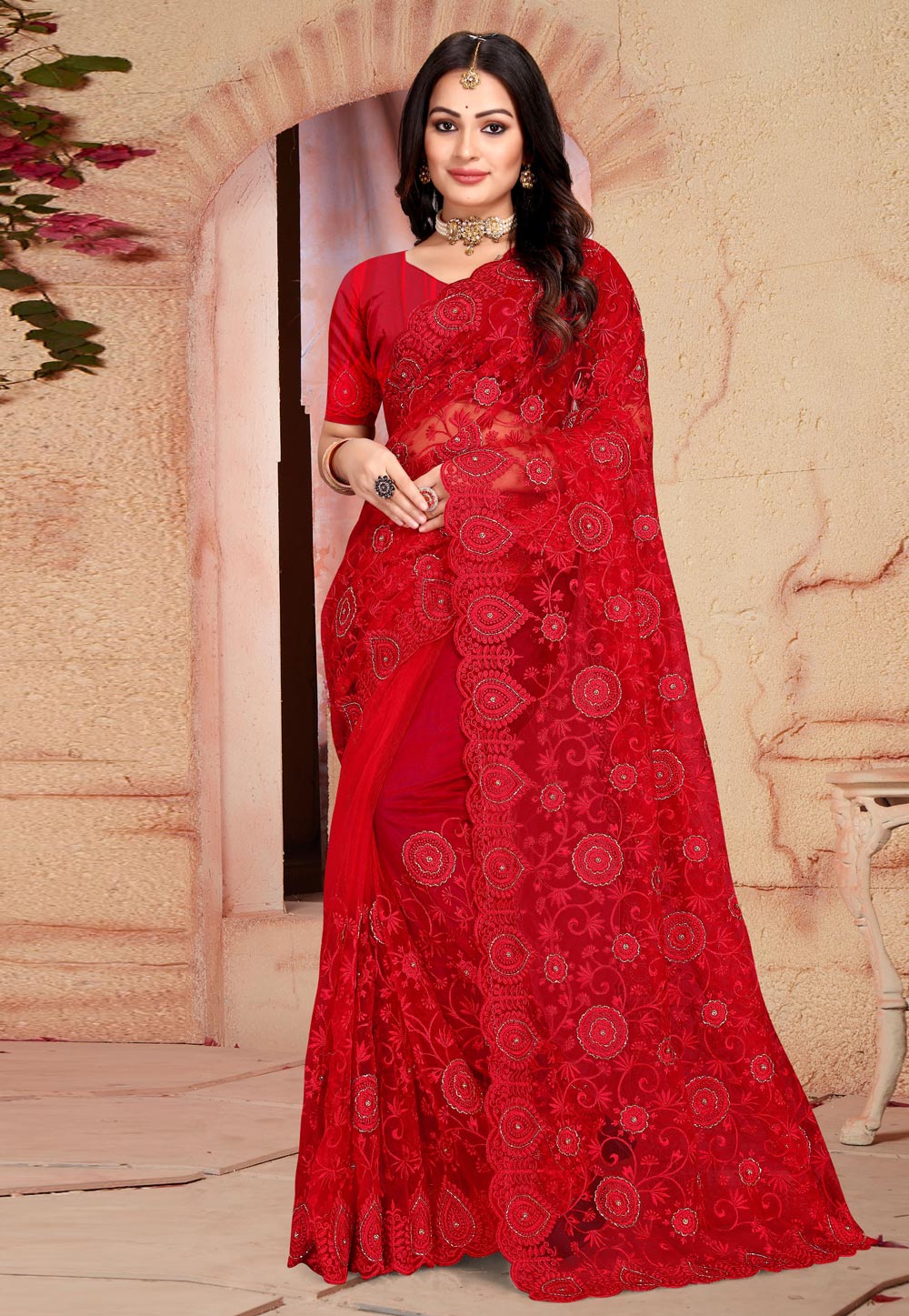 Red Net Saree With Blouse 261425