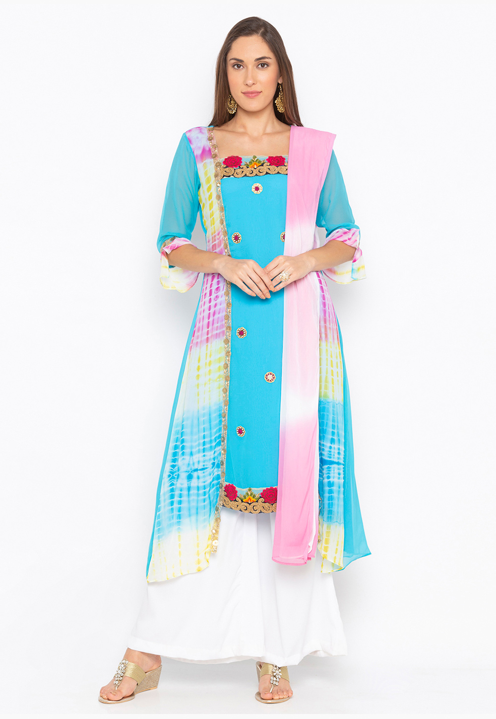 Sky Blue Georgette Readymade Palazzo Suit 223447