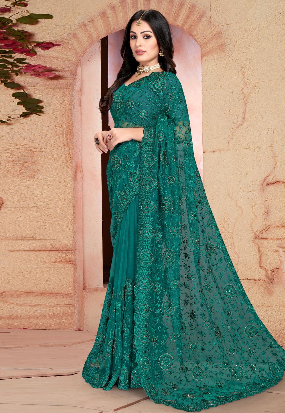 Sea Green Net Saree With Blouse 261426
