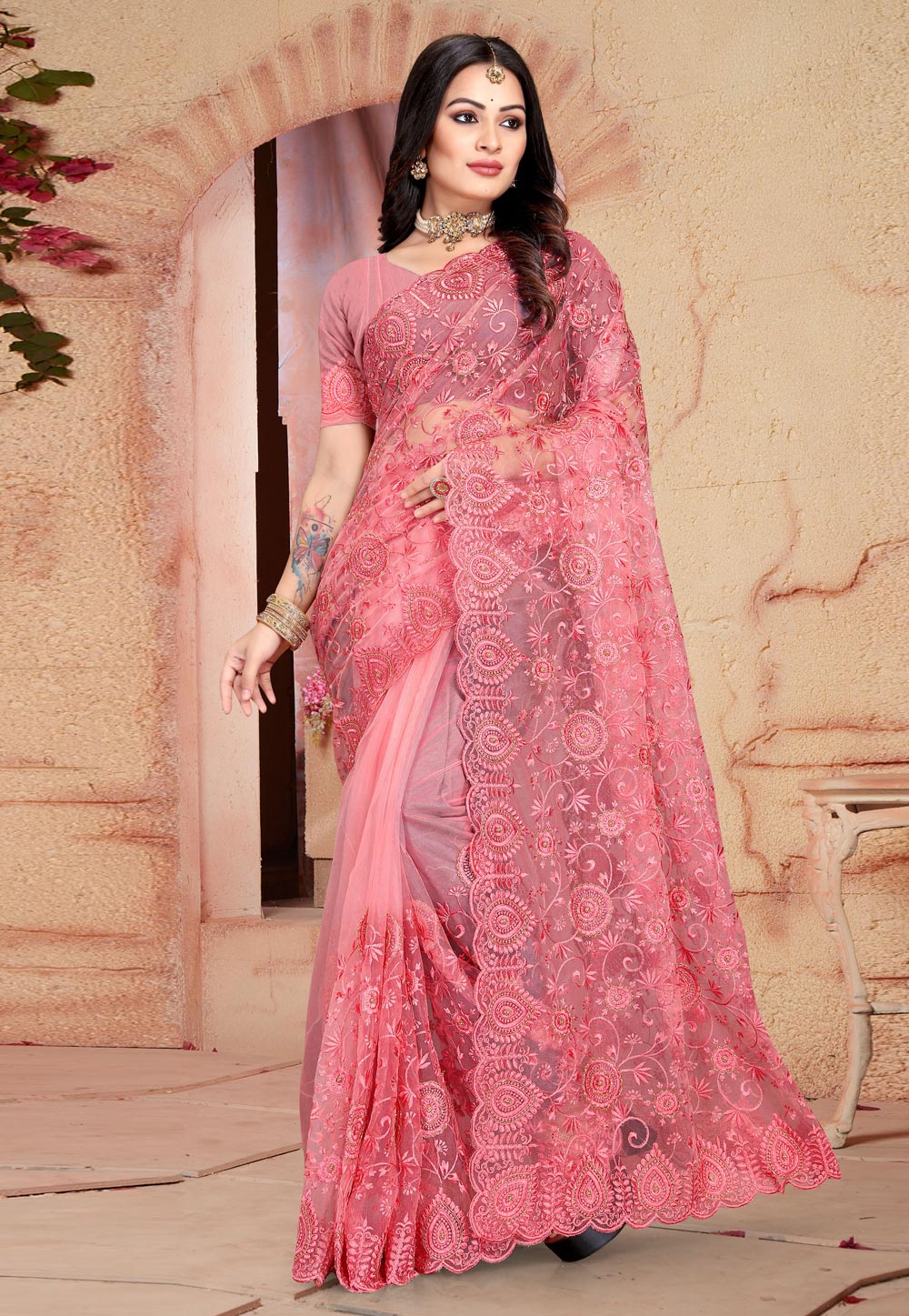 Pink Net Saree With Blouse 261428