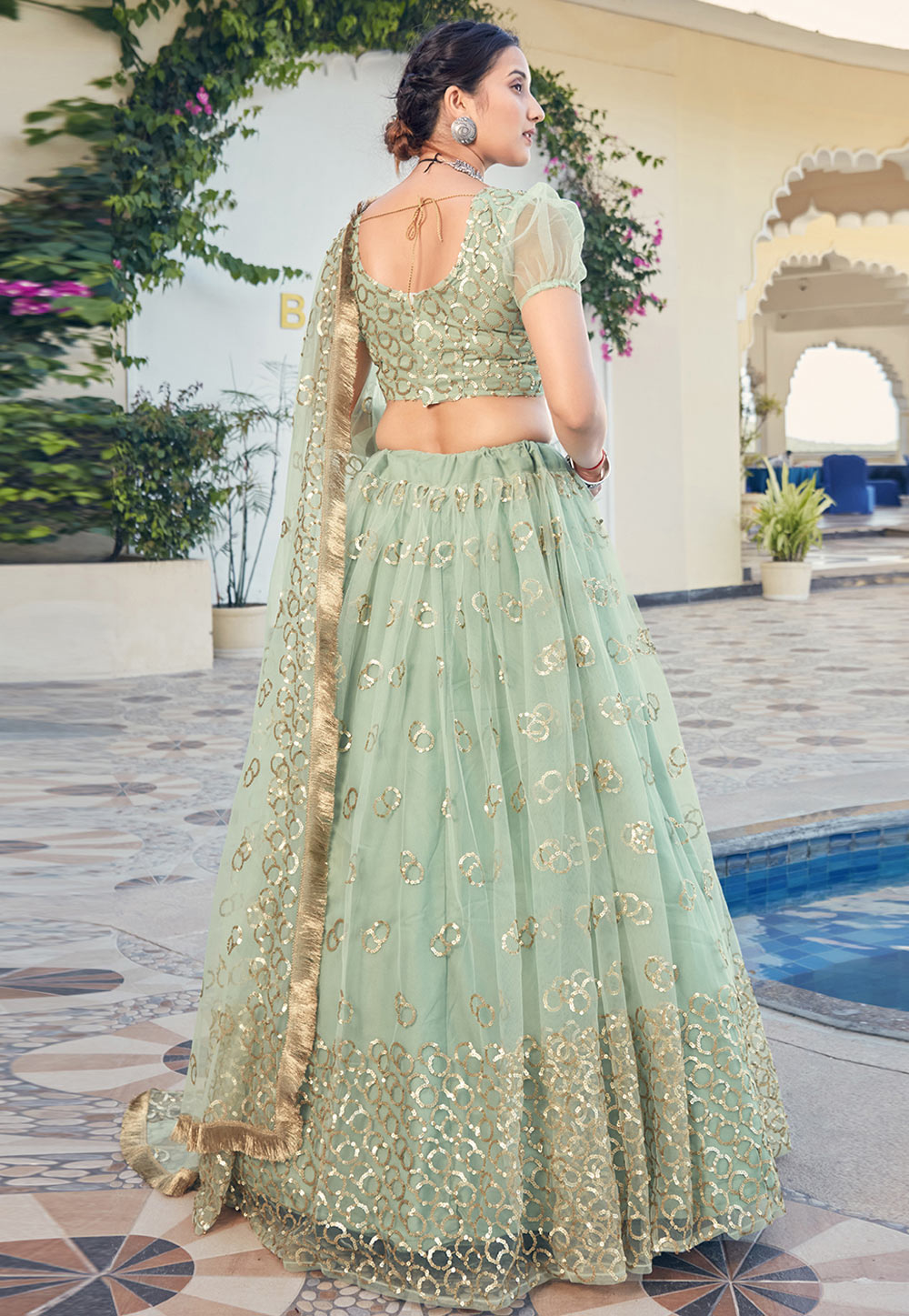 1897321102022 Sea Green Soft Net A Line Lehenga Choli 2