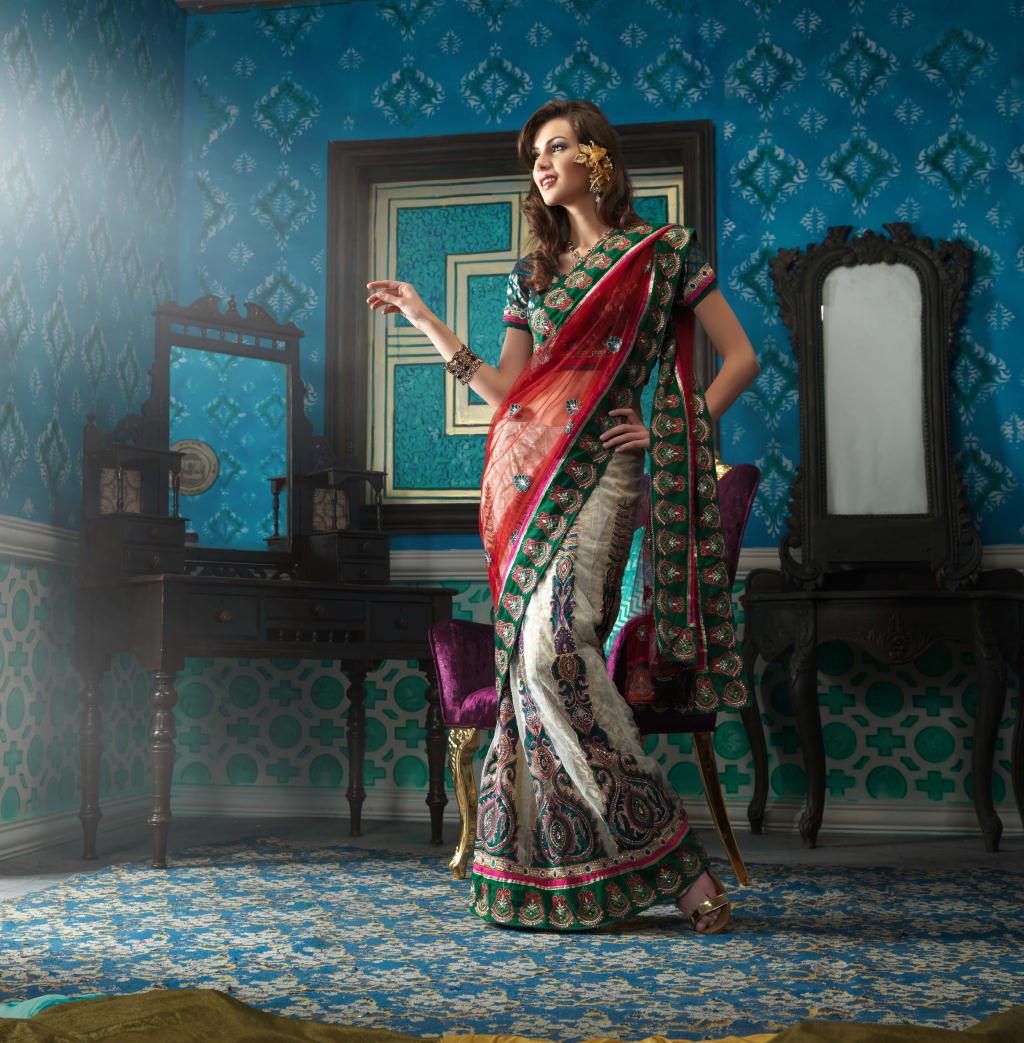 Red and White A Line Hlfe Wedding Saree 22433
