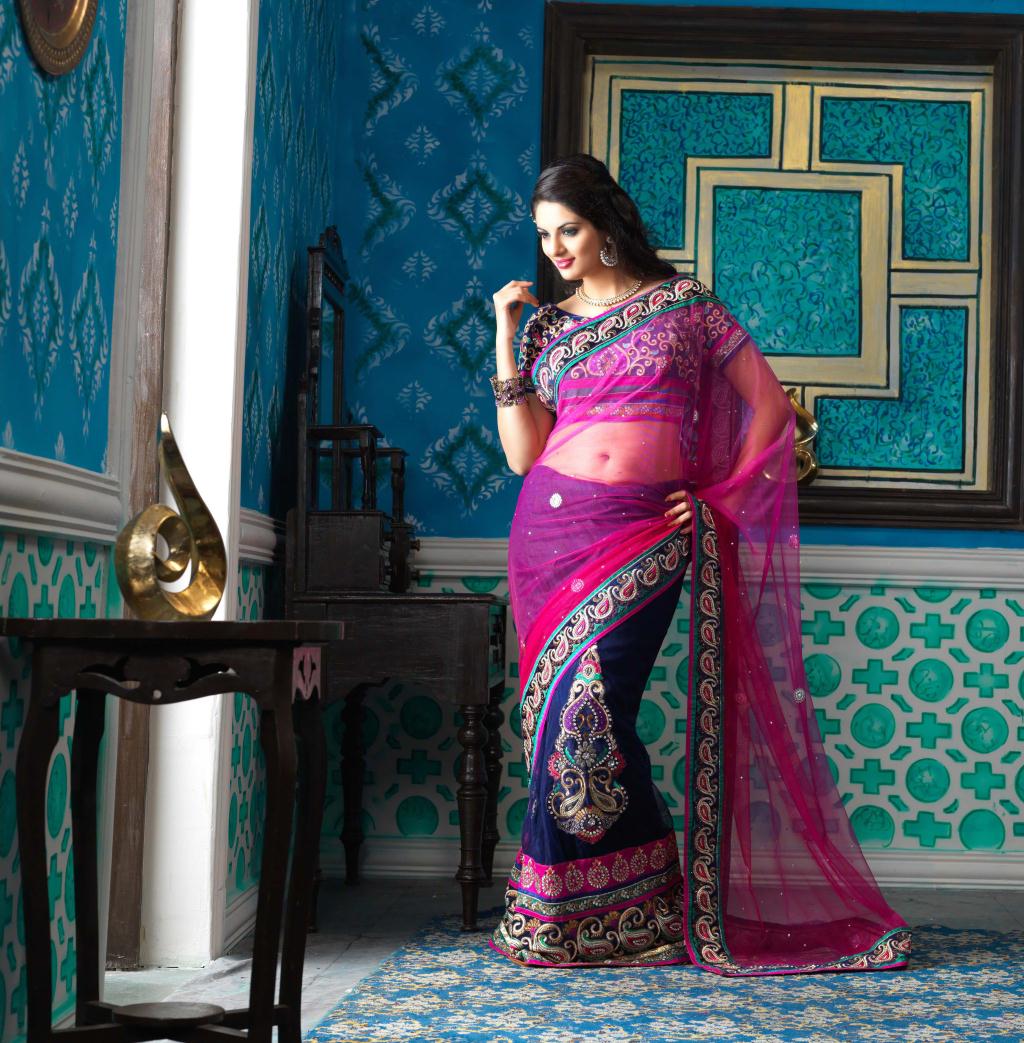 Pink and Blue Stone With Resham Work Wedding Lehenga Saree 22438