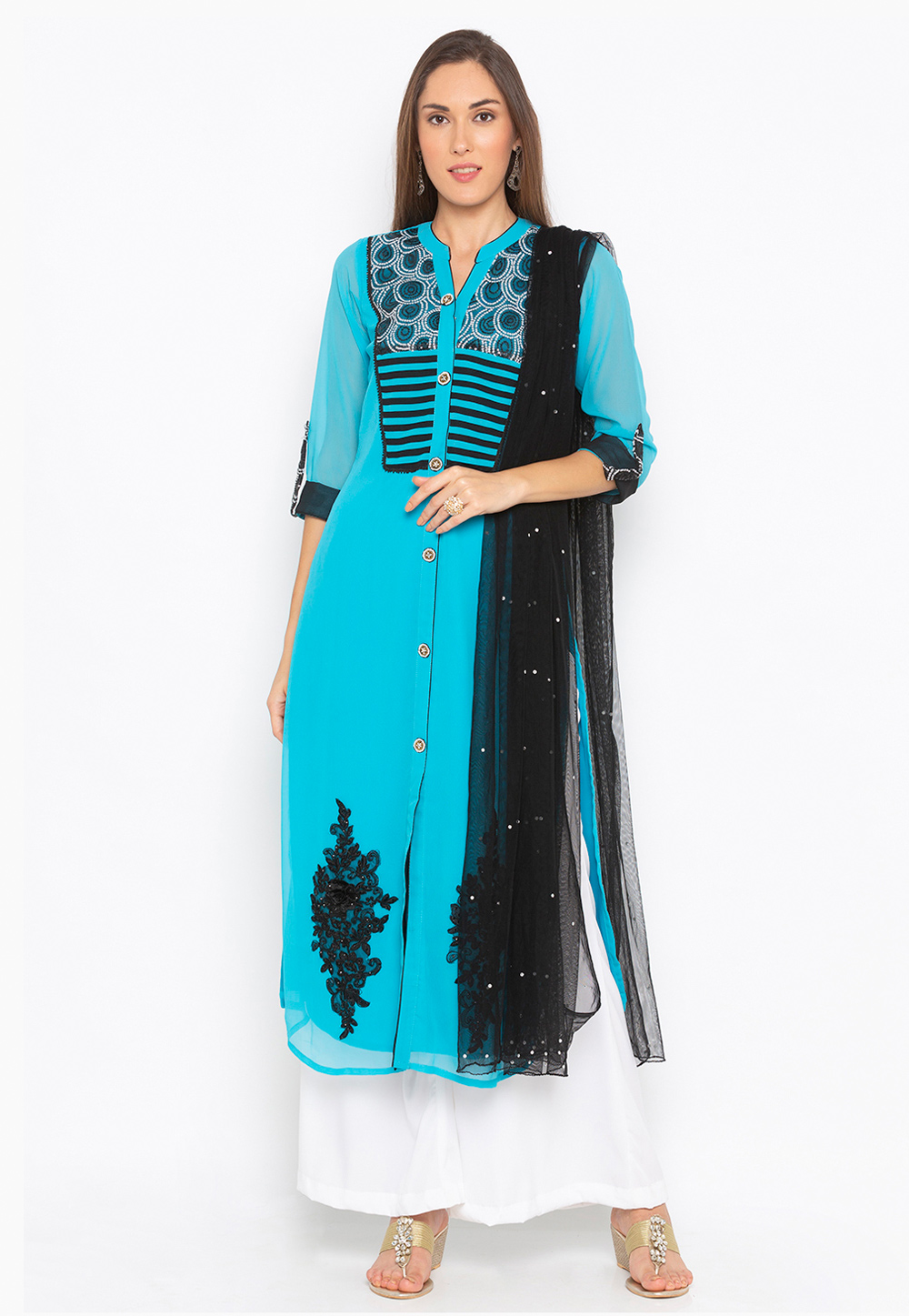 Sky Blue Georgette Readymade Palazzo Suit 223451