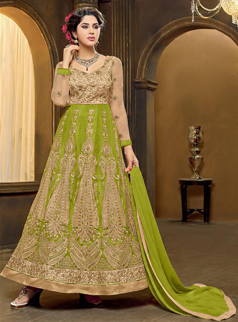 Green Banglori Silk Ankle Length Anarkali Suit 72640