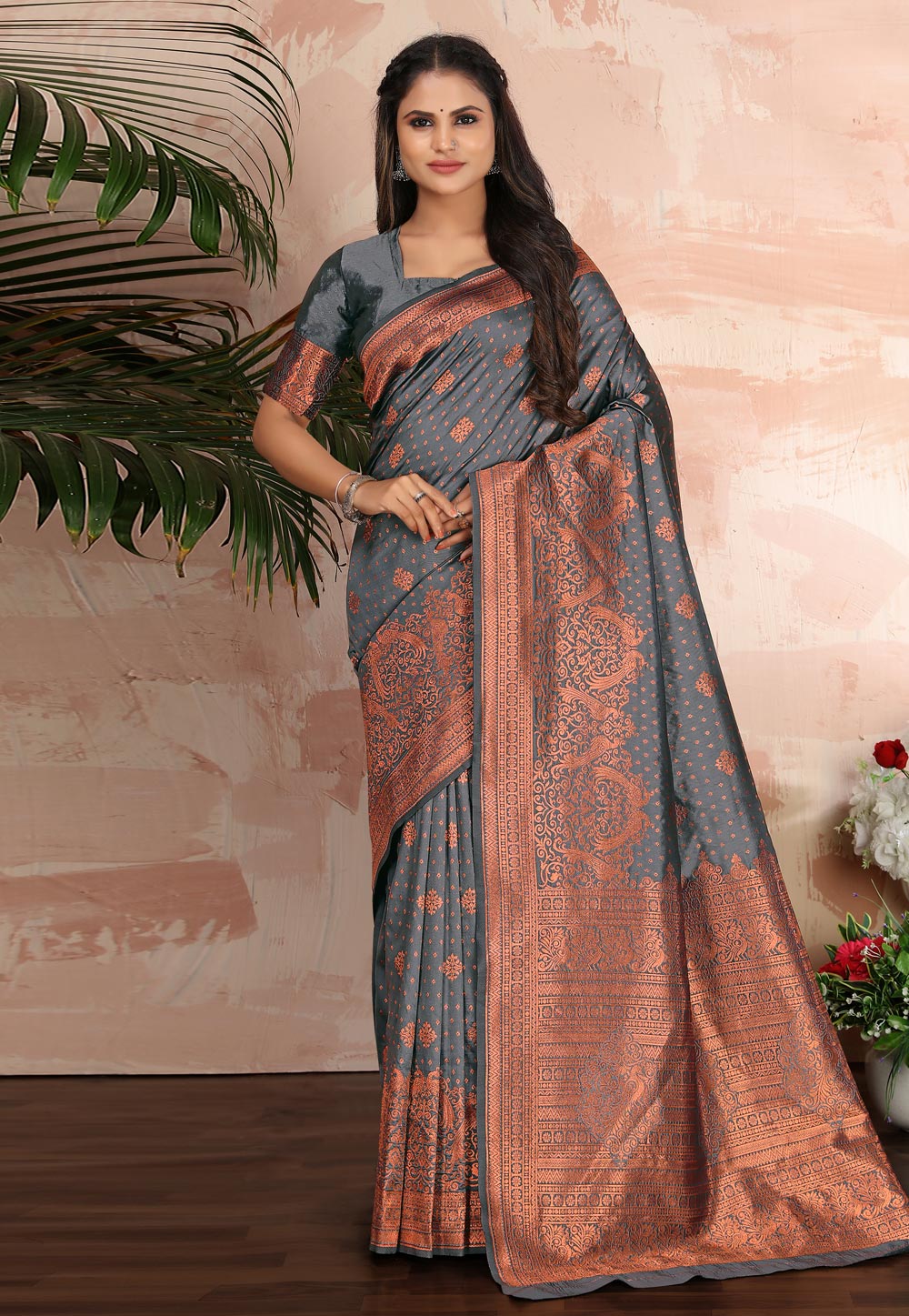 Grey Banarasi Silk Saree With Blouse 260346