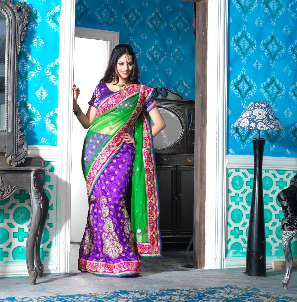 Green and Purple Hlfe Net Lehenga Style Saree 22440