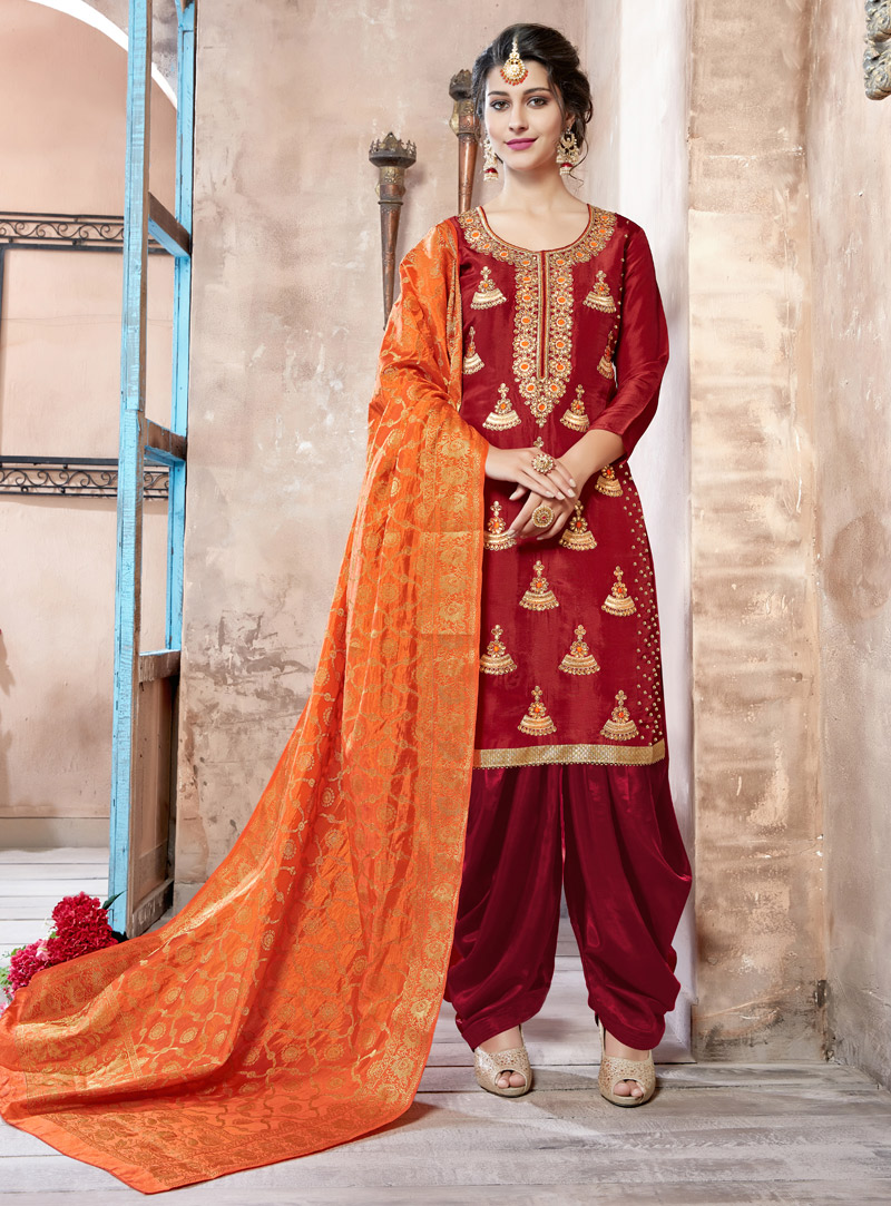 Maroon Silk Punjabi Suit 133480