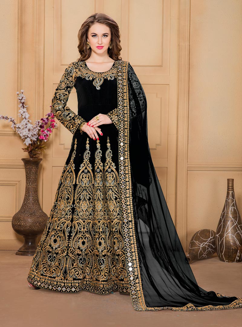 Black Taffeta Silk Floor Length Anarkali Suit 82622