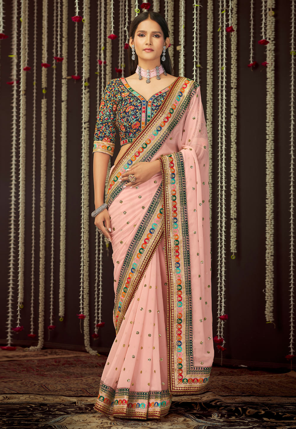 Pink Georgette Embroidered Saree With Blouse 244984