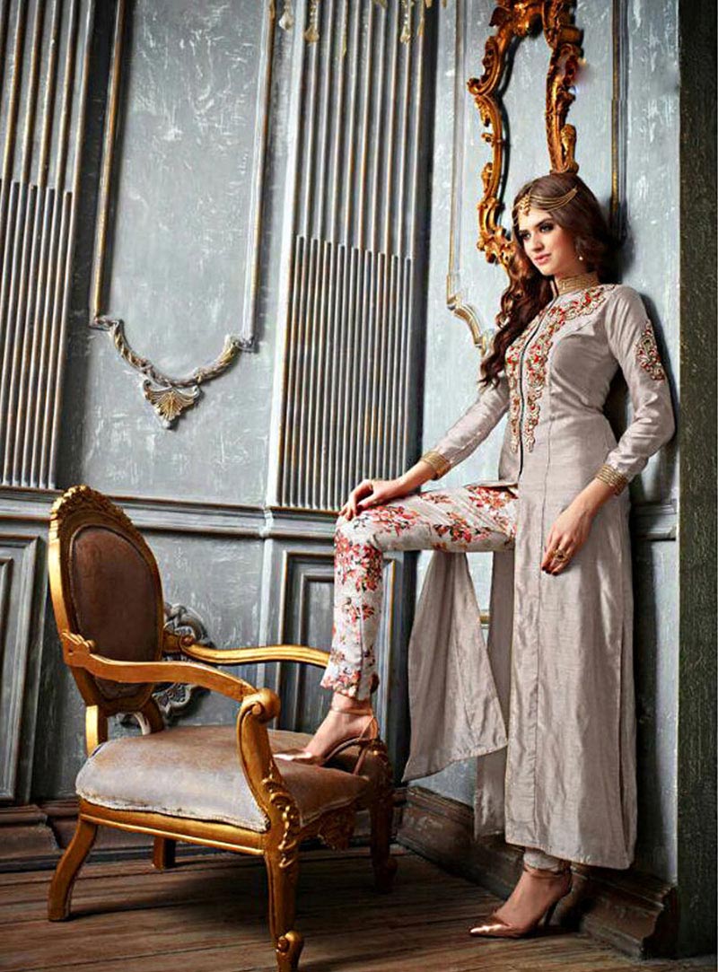 Grey Banarasi Silk Pakistani Style Suit 72158