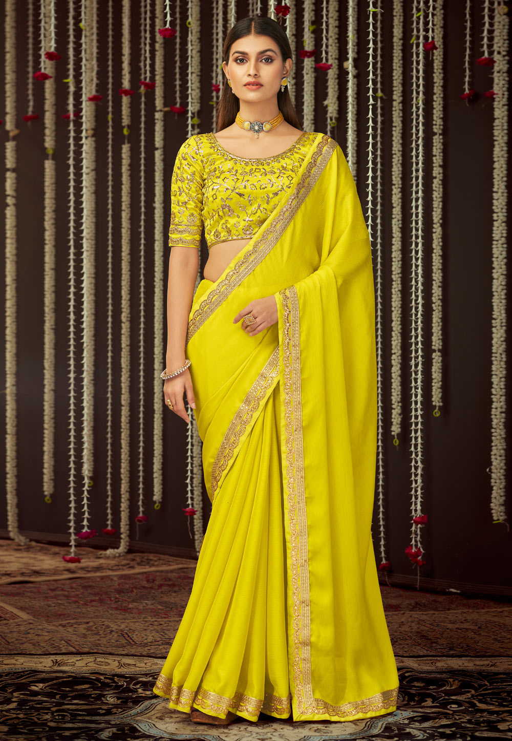 Yellow Chinon Silk Sequence Saree With Blouse 244985