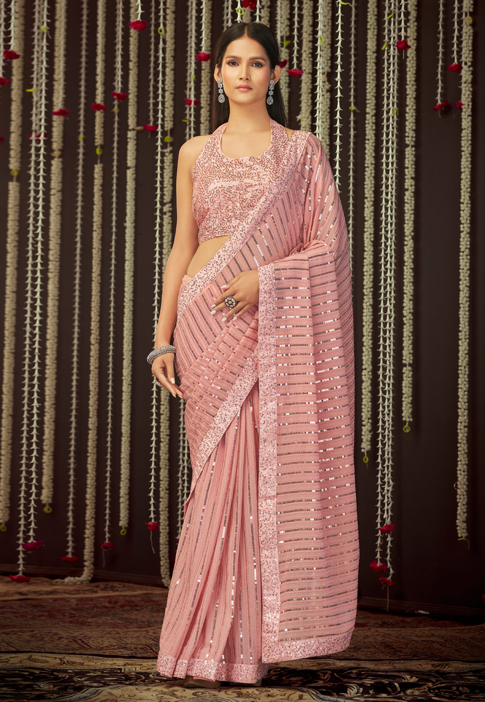 Pink Georgette Sequence Saree With Blouse 244986
