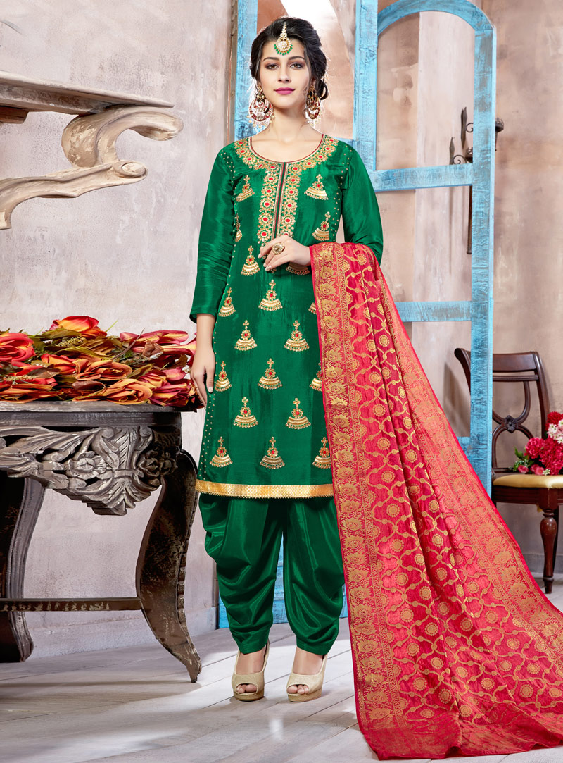 Green Silk Patiala Suit 133483