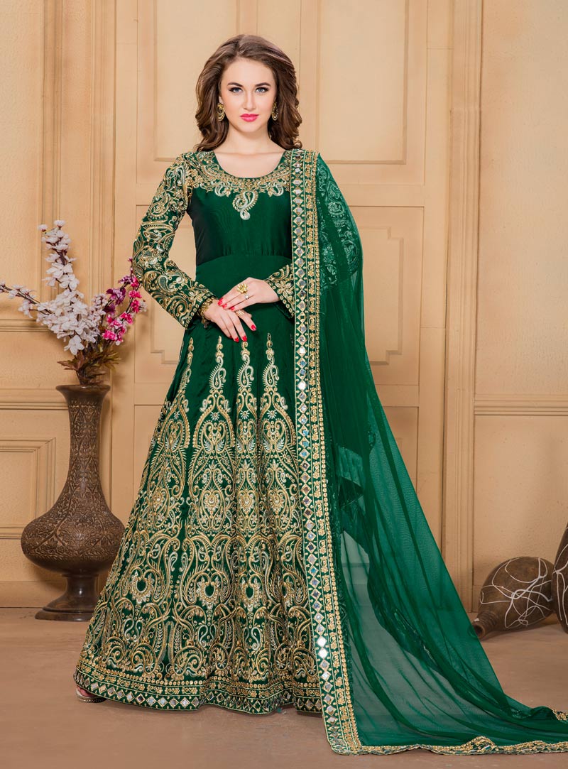 Green Taffeta Silk Floor Length Anarkali Suit  87419