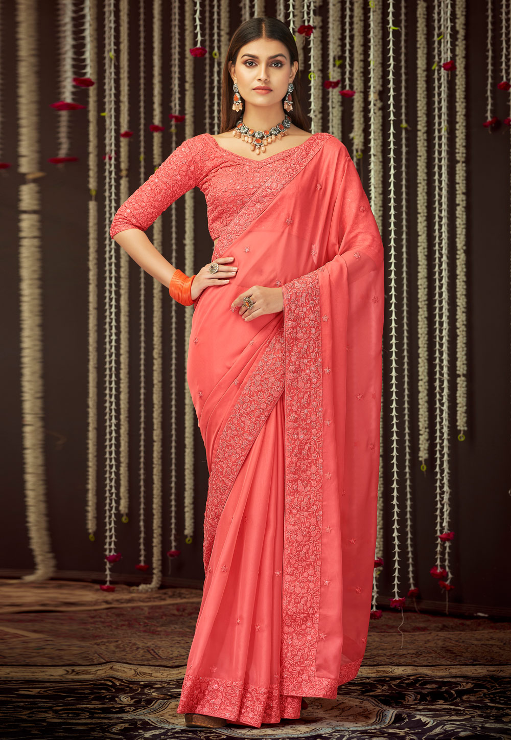 Peach Organza Embroidered Saree With Blouse 244987
