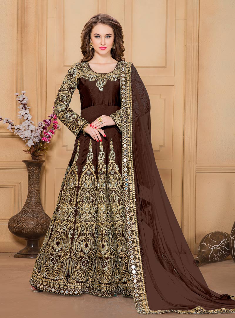 Brown Taffeta Silk Embroidery Work Long Anarkali Suit 87421