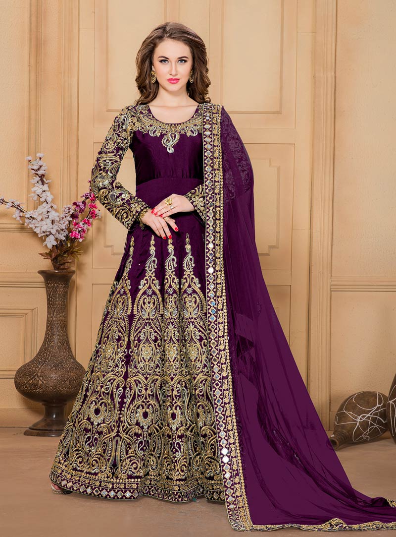 Purple Taffeta Silk Floor Length Anarkali Suit 87422
