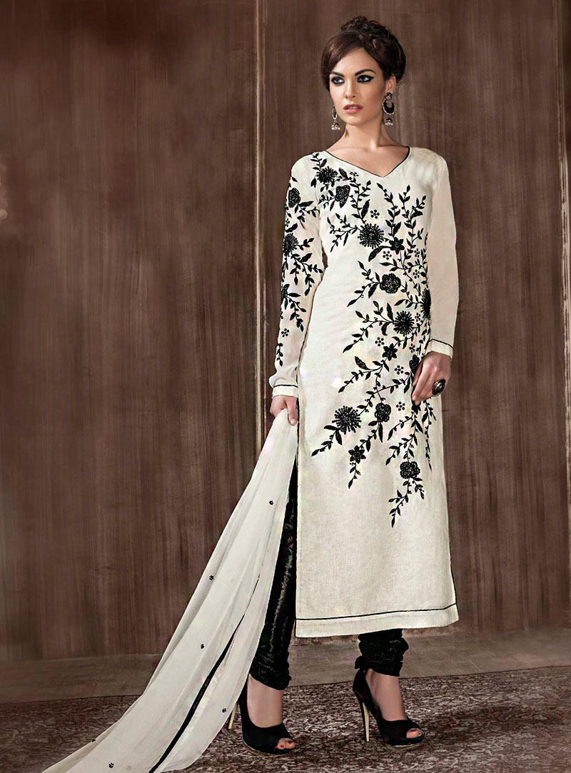 Off White Georgette Straight Cut Suit 71103
