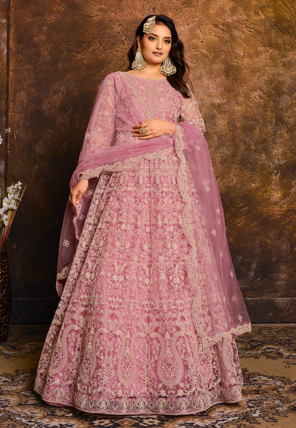 Pink Net Embroidered Long Anarkali Suit 220413