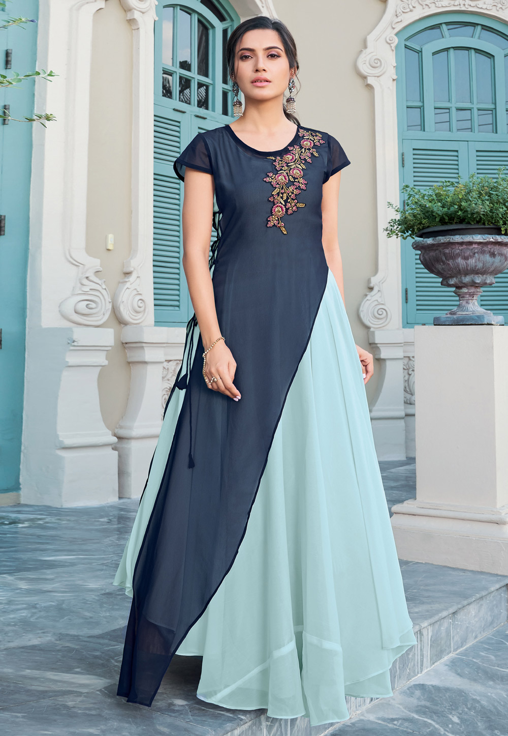 Navy Blue Georgette Readymade Gown 203286