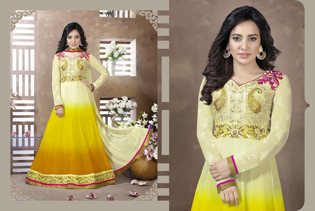 Neha Sharma Cream Faux Georgette Floor Length Anarkali Suit 48218